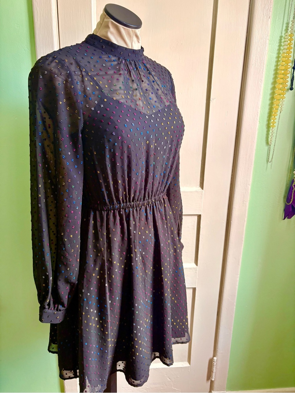 Modcloth Black Long-Sleeve Mini Dress with Multicolor Dot Accents